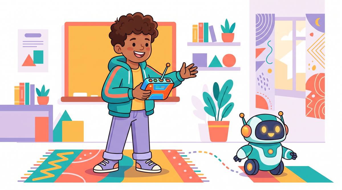 A student directing a friendly AI robot in a classroom